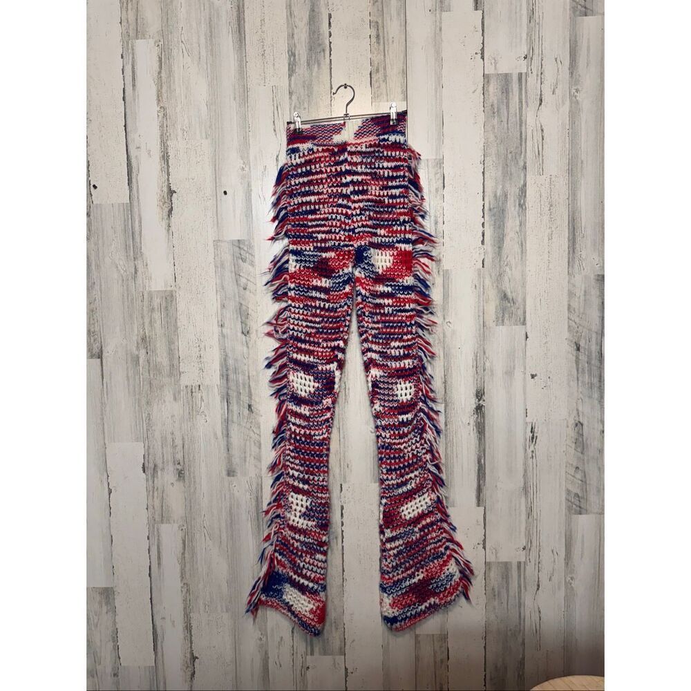 Red White Blue Crochet Flare Knit Pants Womens XS 2 Fringe Side Patriotic 4th of